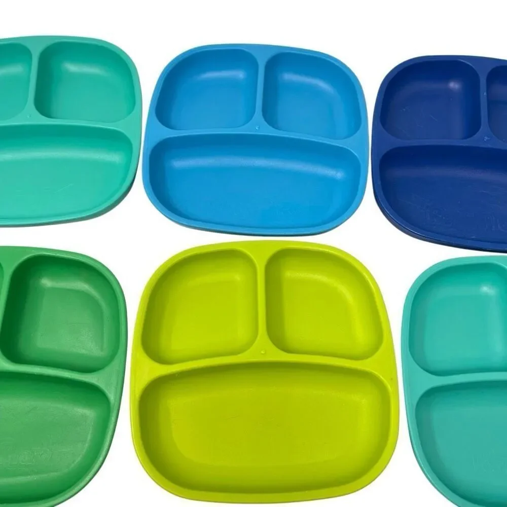 Replay Recycled Plastic Divided Plates Aqua Green Blue Teal Lot of 6 Preowned